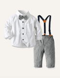 Boys' Long Sleeve Bowknot Cotton Shirt Gentleman Overalls Two-Piece Set