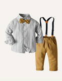 Boys' Long Sleeve Bowknot Cotton Shirt Gentleman Overalls Two-Piece Set - CCMOM