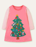 Christmas Tree Appliqué Embroidered Striped Dress