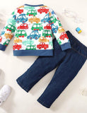 Car Printed Sweater Jeans Two-Piece Suit - CCMOM