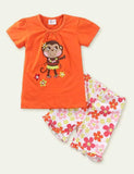 Cartoon Monkey Embroidered Flower T-shirt Set