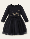 Cat Sequined Embroidered Long-Sleeved Dress - CCMOM