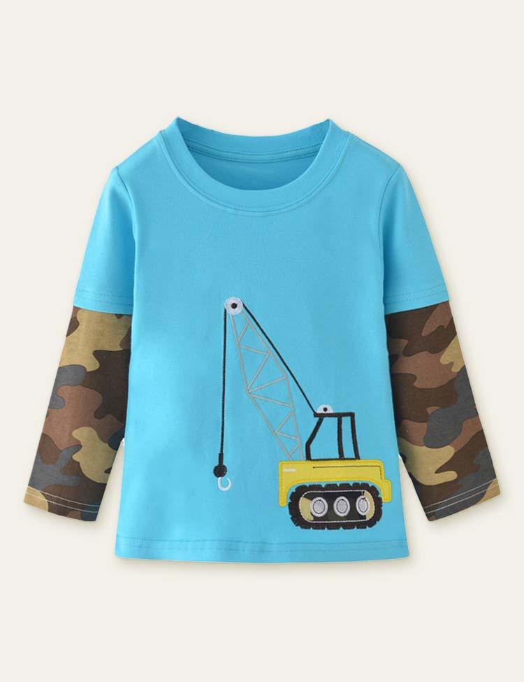 Excavator Appliqué Embroidered Long Sleeve T-shirt - CCMOM