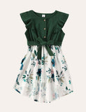 Family Matching Button Design Flutter Sleeves Bow Belted Splicing Floral Print Dress - CCMOM