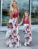 Family Matching Floral Print Splice Solid Color Strap Dress for Mommy and Me