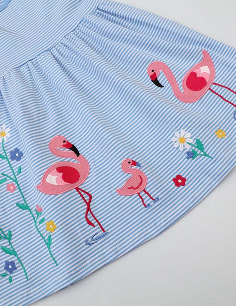 Flamingo Appliqué Flower Embroidered Striped Dress - CCMOM