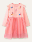 Flamingo Embroidered Pom Pom Mesh Dress - CCMOM