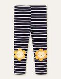 Flower Appliqué Striped Leggings