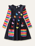 Flower Butterfly Appliqué Rainbow Long Sleeve Dress - CCMOM