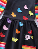 Flower Butterfly Appliqué Rainbow Long Sleeve Dress - CCMOM