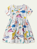 Girl Dinosaur Full Print Short Sleeves Dress
