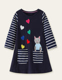 Kitten Appliqué Love Embroidered Long Sleeve Dress - CCMOM