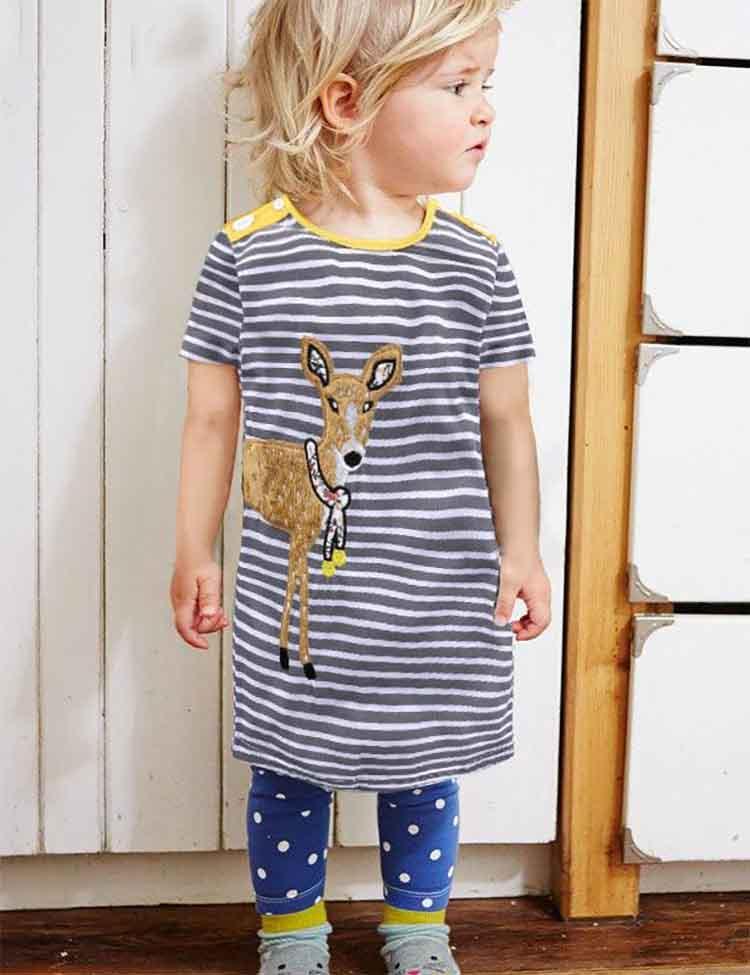 Lovely Mouse Appliqué Striped Short Sleeve Toddler Dress - CCMOM