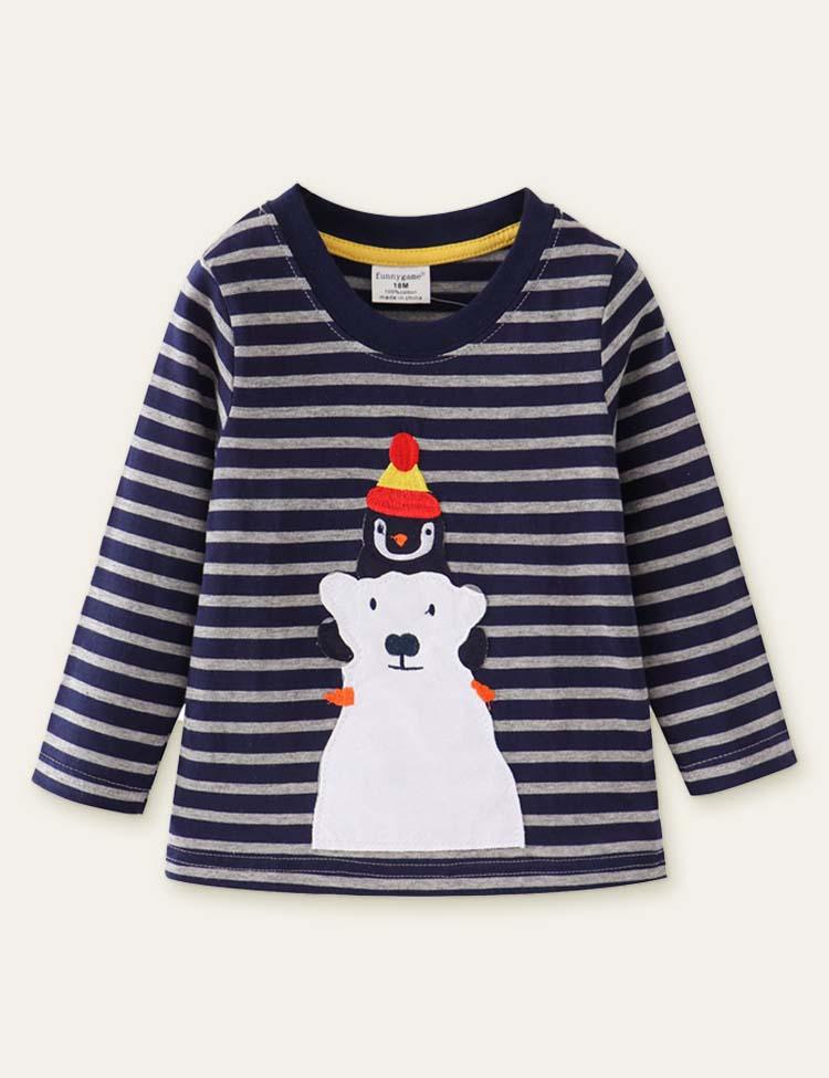 Penguin and Polar Bear Appliqué Striped T-shirt - CCMOM