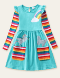 Rainbow Sequined Unicorn Butterfly Long Sleeve Dress - CCMOM