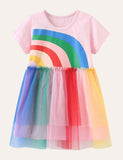 Today Only-Toddler Girl Rainbow Short Sleeves Tulle Dress