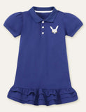 Toddler & Kids Rabbit Embroidered Ruffle Hem Polo Dress - CCMOM