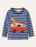Toddler Boy Animal Bus Embroidered Striped Long Sleeves Shirt - CCMOM