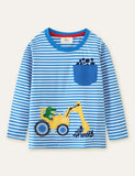 Toddler Boy Excavator Dinosaur Embroidered Long Sleeve T-shirt With Pocket