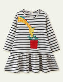 Toddler Giraffe Appliqué Long Sleeves Ruffle Hem Splice Dress