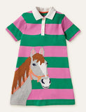 Toddler Girl 3D Horse Appliqué Lapel Collar Button Design Dress - CCMOM