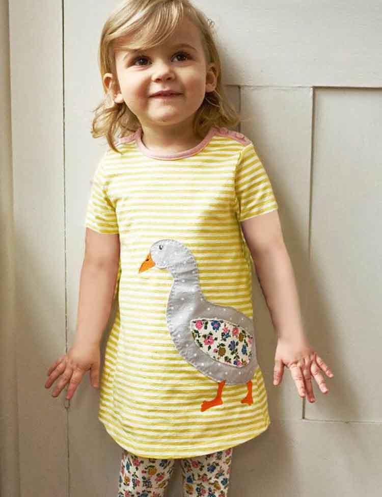 Toddler Girl Animals Embroidered Long Sleeve Stripe Dress - CCMOM