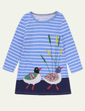 Toddler Girl Animals Embroidered Long Sleeve Stripe Dress - CCMOM