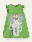 Toddler Girl Big Elephant Appliqué Flutter-sleeve Dress
