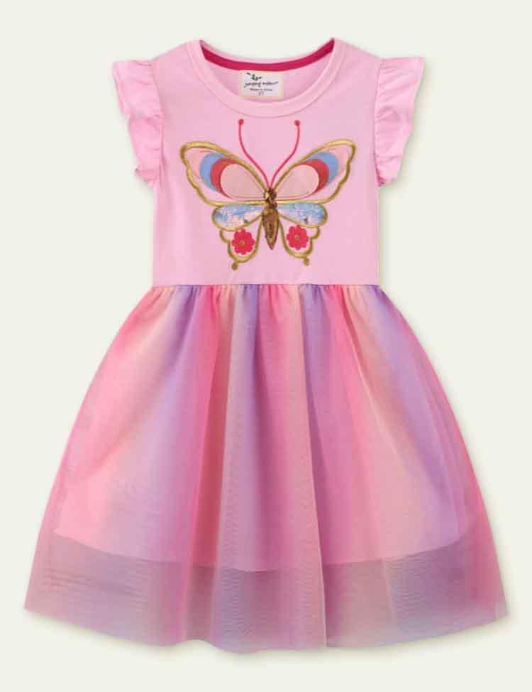 Toddler Girl Butterfly Embroidered Flutter-sleeve Layered Mesh Splice Dress - CCMOM