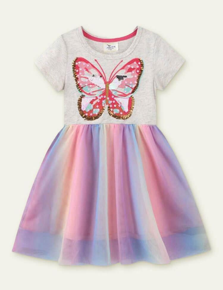 Toddler Girl Butterfly Sequin Gauze Splicing Rainbow Mesh Dress - CCMOM