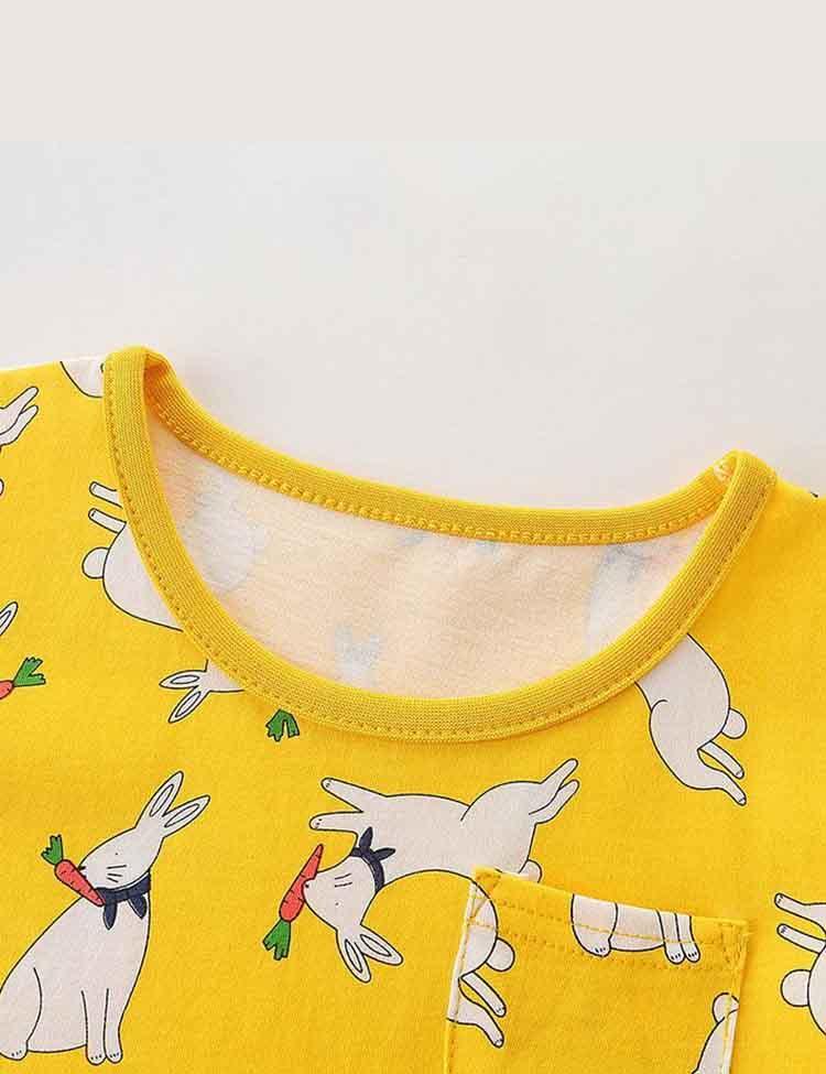 Toddler Girl Cartoon Rabbit Print Short Sleeve Splice Dress With Pocket - CCMOM