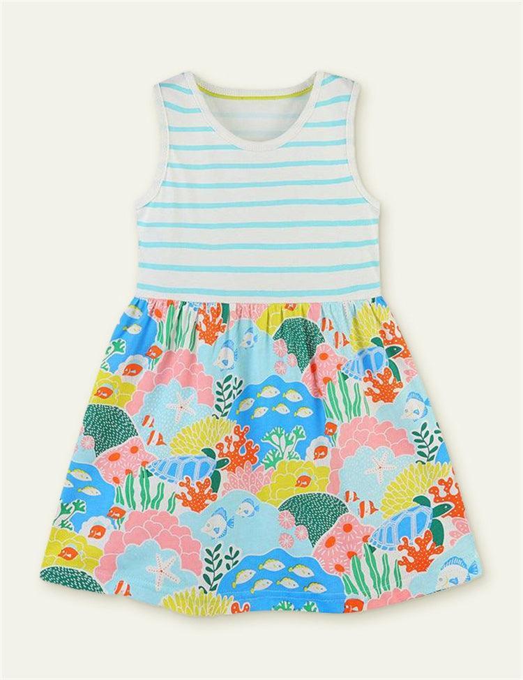 Toddler Girl Coral Print Striped Sleeveless Tank Dress - CCMOM