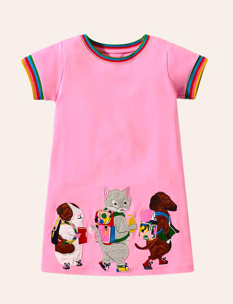 Toddler Girl Cute Animal Appliqué Rainbow Cuffs Casual Dress - CCMOM