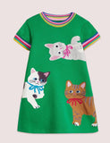 Toddler Girl Cute Cat Appliqué Rainbow Cuffs Short Sleeves Dress