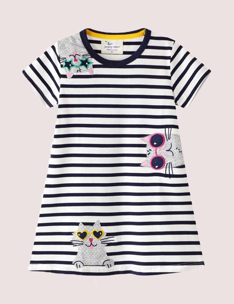 Toddler Girl Cute Cat Appliqué Stripe Short Sleeves Dress - CCMOM