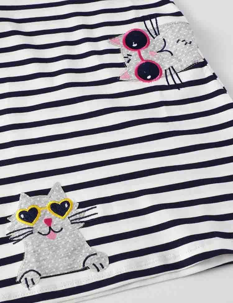 Toddler Girl Cute Cat Appliqué Stripe Short Sleeves Dress - CCMOM