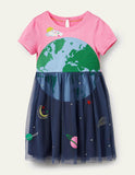 Toddler Girl Earth Appliqué Layered Mesh Splice Dress - CCMOM