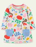 Toddler Girl Festive Printed Long Sleeve Dress With Pocket - CCMOM