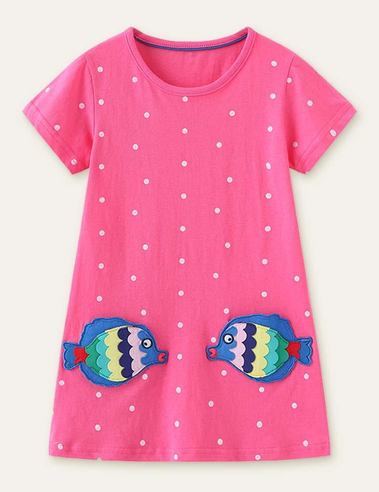 Toddler Girl Fish Appliqué Short Sleeves Casual Polka Dots Dress - CCMOM