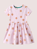 Toddler Girl Flower Applique Stripe Short Sleeves Dress - CCMOM