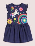 Toddler Girl Rainbow & Unicorn Applique Flutter-sleeve Splice Dress - CCMOM