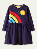 Toddler Girl Rainbow Appliqué Long Sleeve 100% Cotton Dress - CCMOM