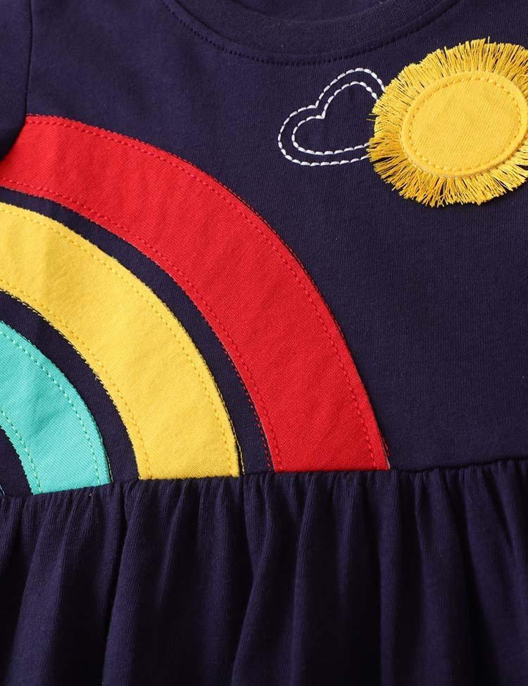 Toddler Girl Rainbow Appliqué Long Sleeve 100% Cotton Dress - CCMOM