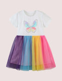 Toddler Girl Rainbow Design Mesh Splicing Butterfly Applique Short Sleeves Dress - CCMOM