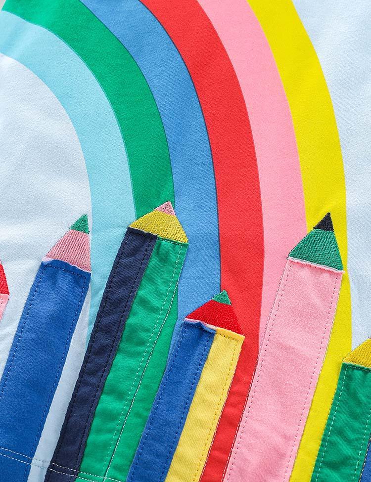 Toddler Girl Rainbow Pencil Appliqué Long Sleeve Dress - CCMOM