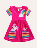 Toddler Girl Rainbow Unicorn Appliqué Dress With Pocket