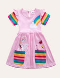 Toddler Girl Rainbow Unicorn Appliqué Dress With Pocket - CCMOM