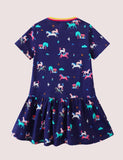 Toddler Girl Rainbow Unicorn Applique Short Sleeves Splice Dress - CCMOM