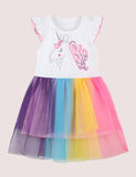 Toddler Girl Rainbow Unicorn Mesh Flutter-sleeve Dress - CCMOM