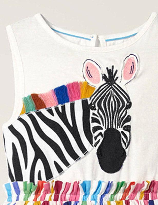 Toddler Girl Rainbow Zebra Appliqué Sleeveless Splice Dress - CCMOM